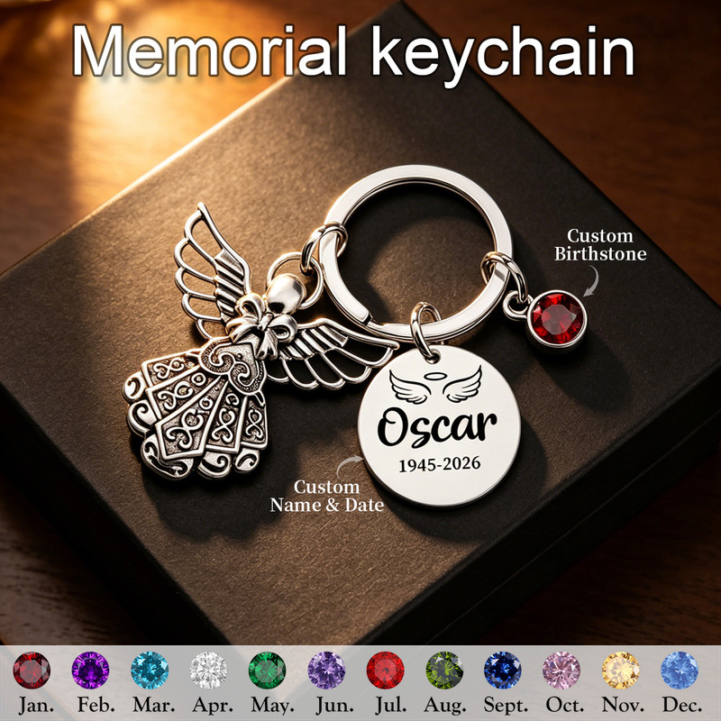 Stainless Steel Commemorative Keychain Silver Guardian Angel December Birthstone Keychain Angel Round Pendant Keychain