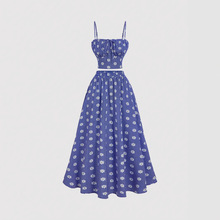 欧美亚马逊女装两件套可爱蓝色雏菊花卉印花甜美可爱浪漫连衣裙