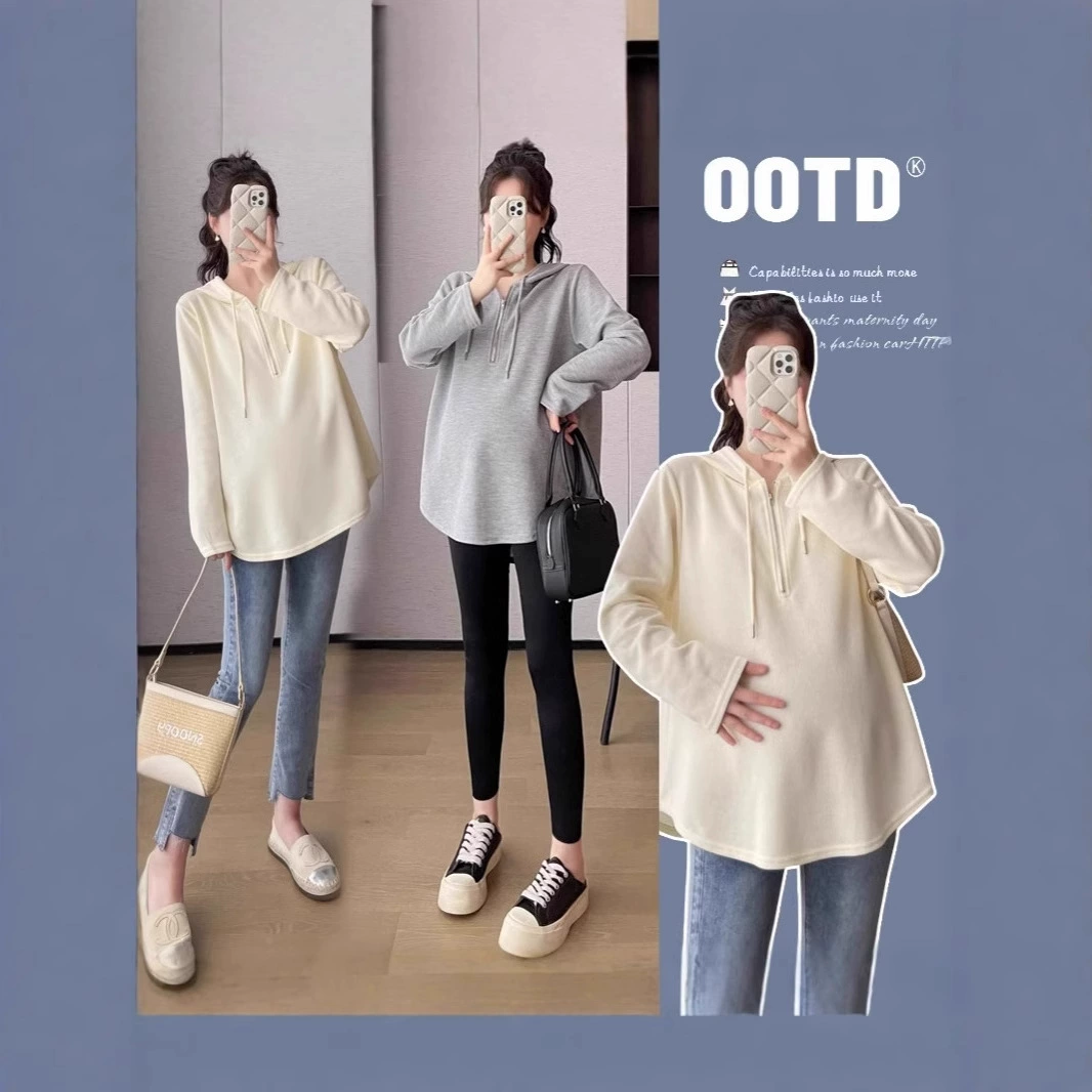 2024 весна и осень одежда для беременных новая мода корейская версия повседневная сладкая свободная футболка с капюшоном