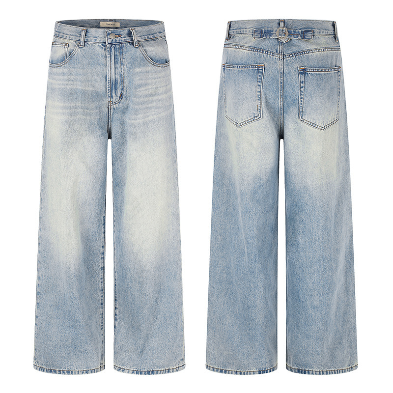 Tuochuan Ck9828 American Retro Ice Blue Straight-Leg Jeans for Men and Women, Loose Fit, Washed and Distressed, Trendy Casual Wide-Leg Pants