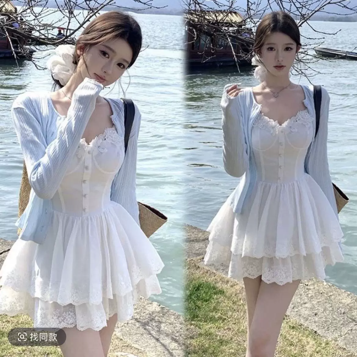 夏季纯欲风仙女小白裙韩系收腰设计拼接蕾丝露肩无袖裙子套装女