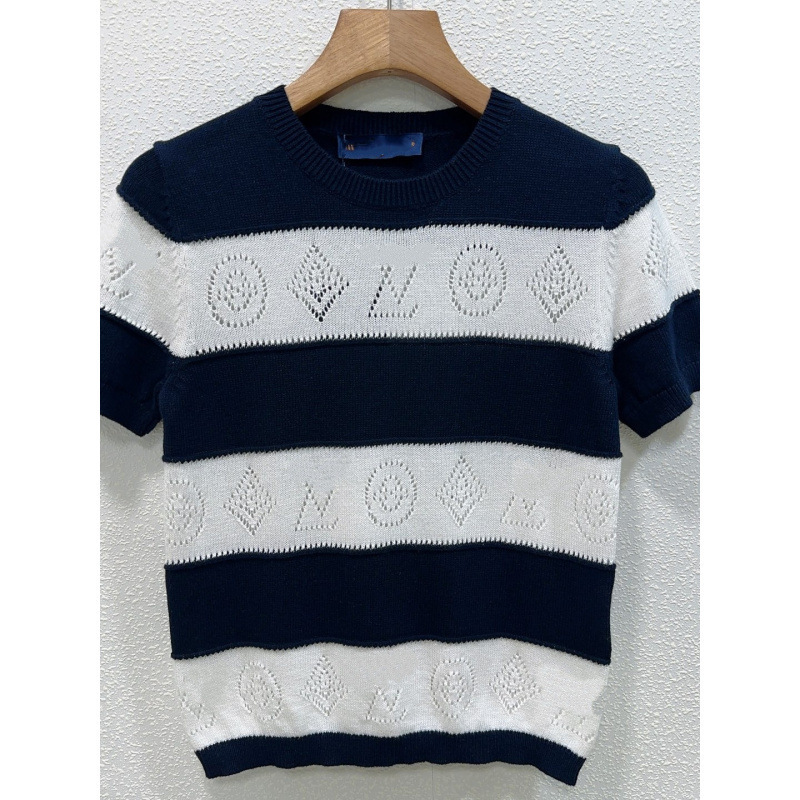 26 Spring/Summer Round Neck Short Sleeve Hollow Out Classic Striped Wool Knit Sweater for Women Versatile Casual Pullover T-Shirt in Stock 26 Spring/Summer Round Neck Short Sleeve Hollow Out Classic Striped Wool Knit Sweater for Women Versatile Casual Pullover T-Shirt in Stock