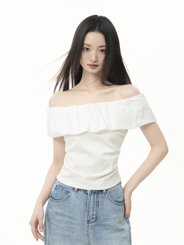 荷叶边一字肩露肩短袖t恤女夏季2025新款修身法式上衣|undefined