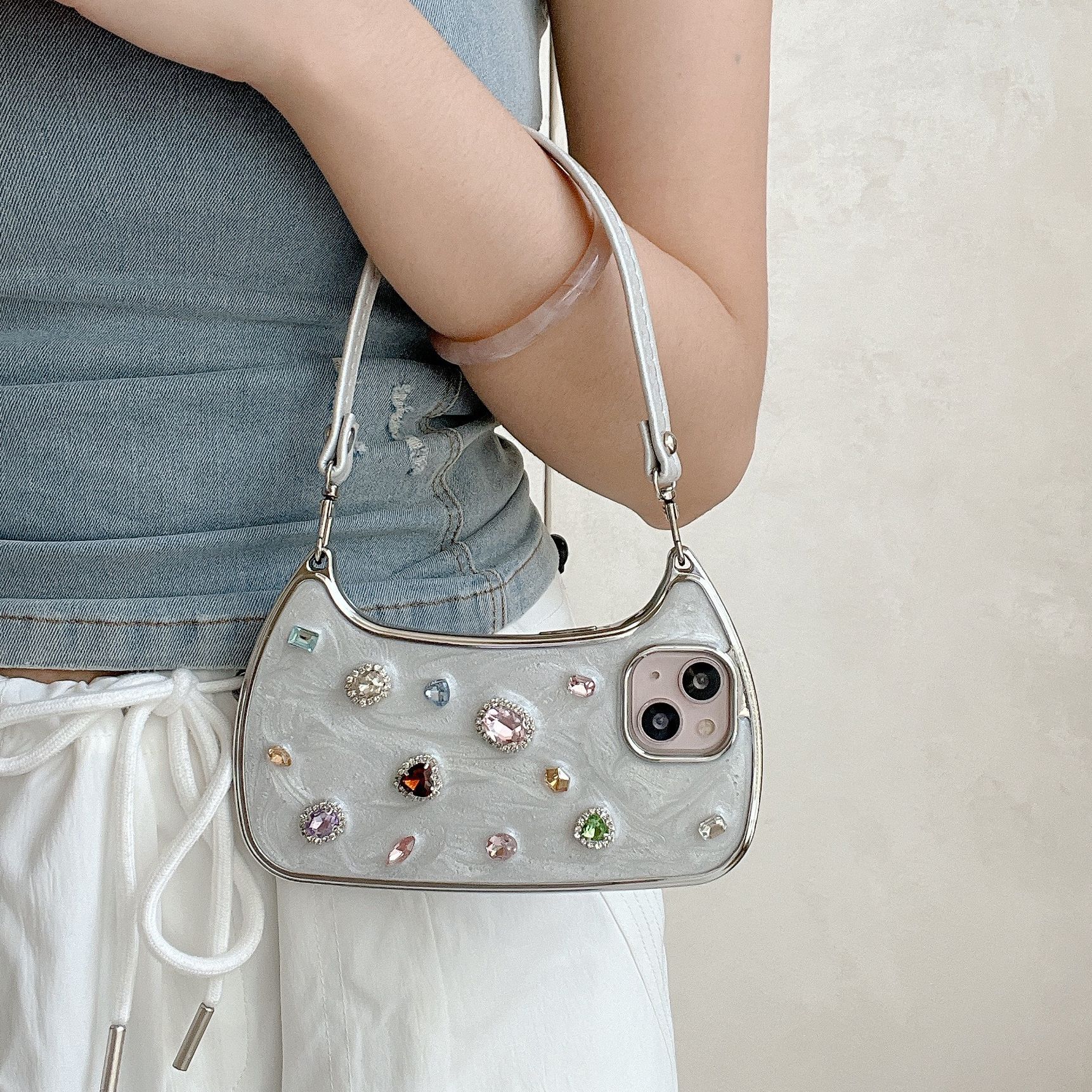 Diamante de piedra preciosa tridimensional galvanizado para iPhone 15ProMax bolso de la caja del teléfono móvil 13 lujo ligero 14 mujer 12 mensajero 15