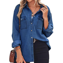女式春季长袖牛仔衬衫系扣衬衫商务休闲上衣