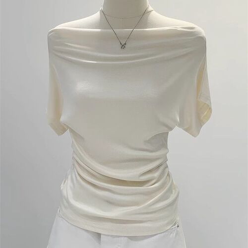 Chic Modal Cotton T-Shirt with Cross-Shoulder Design - Off-the-Shoulder, Short Sleeve, Women's Summer Fashion, Body-Fitting, Revealing Neckline, Trendy