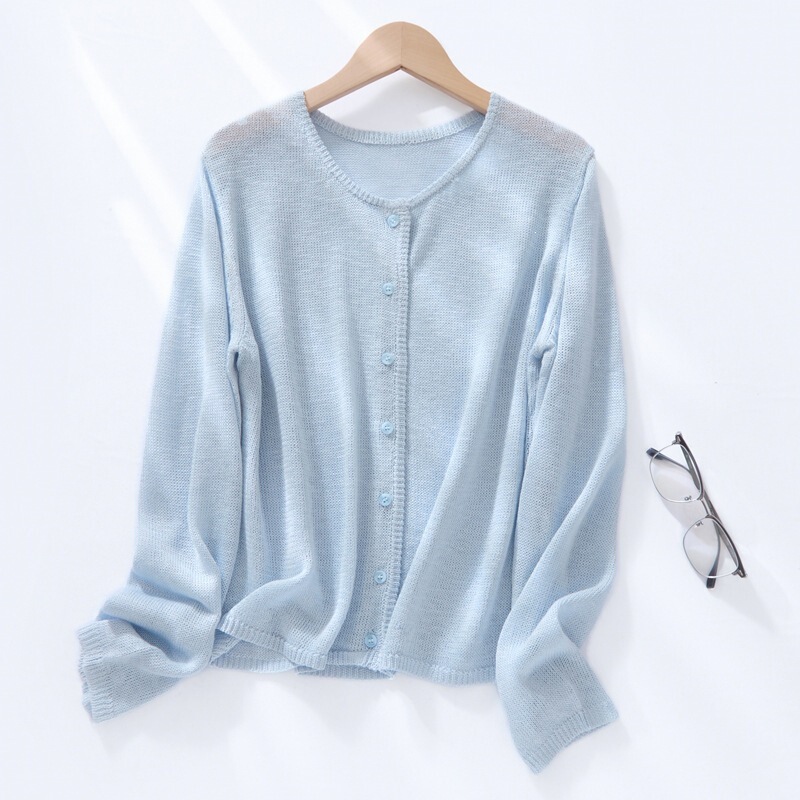 2026 New Knitted Round Neck Plain Cardigan Long Sleeve Women's Solid Color Slightly Sheer Skin-Friendly Thin Loose Top Trendy 2026 New Knitted Round Neck Plain Cardigan Long Sleeve Women's Solid Color Slightly Sheer Skin-Friendly Thin Loose Top Trendy