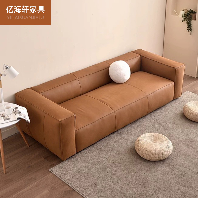 Retro primera capa de piel de vaca sofá de cuero genuino fila recta retro estilo industrial sofá de tres asientos moderno simple sala de estar esquina