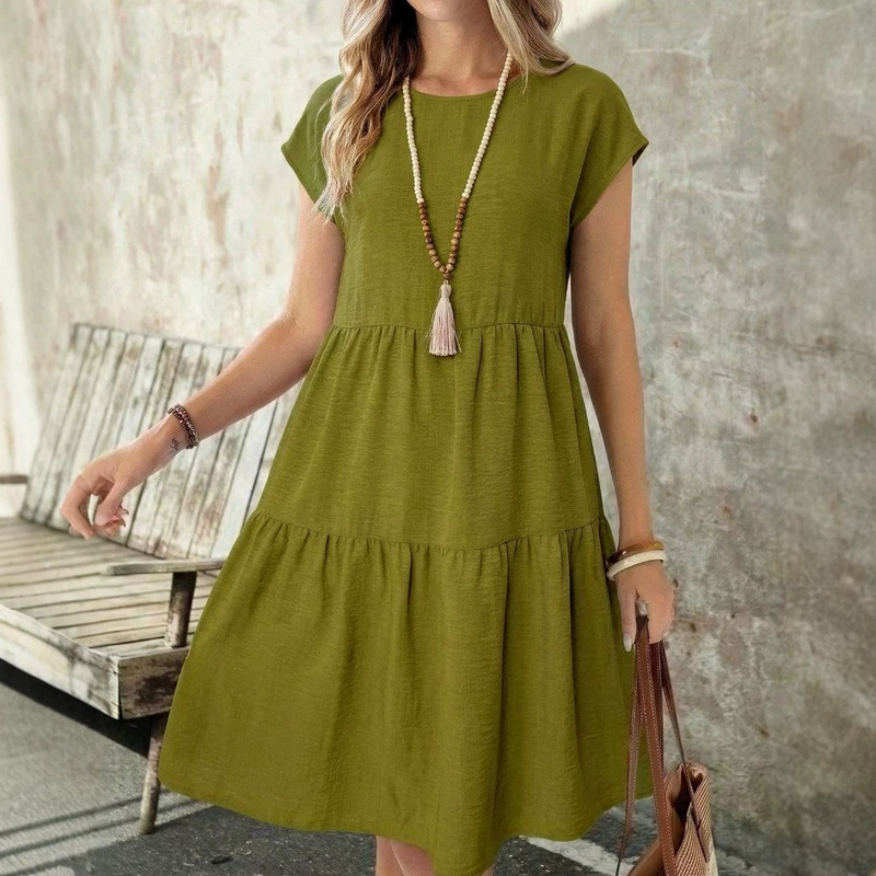 Cross-Border Amazon European and American Style Women's Summer Fashion Pleated Solid Color Sleeveless Round Neck Loose Dress