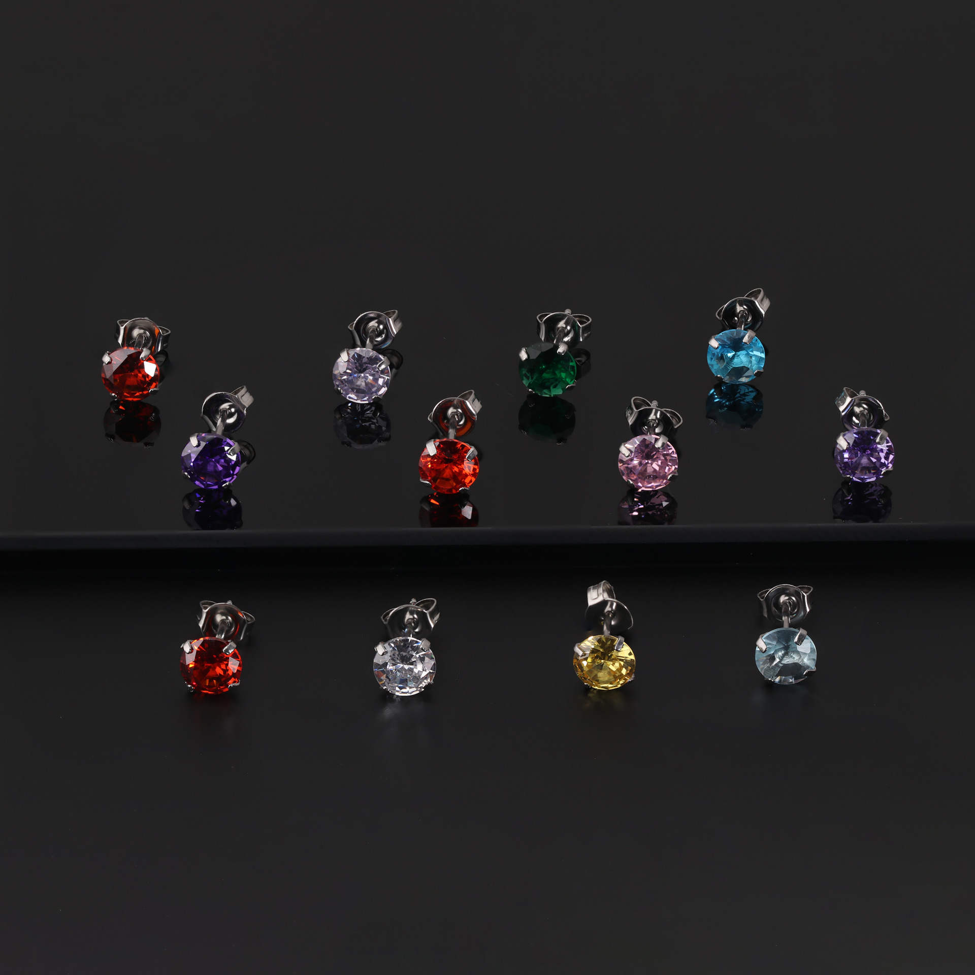 Cross-border Hot Sale Stainless Steel Pin Four-claw Zircon Earrings European and American Fashion Twelve Constellation Color Zirconium Earrings Earrings for Women