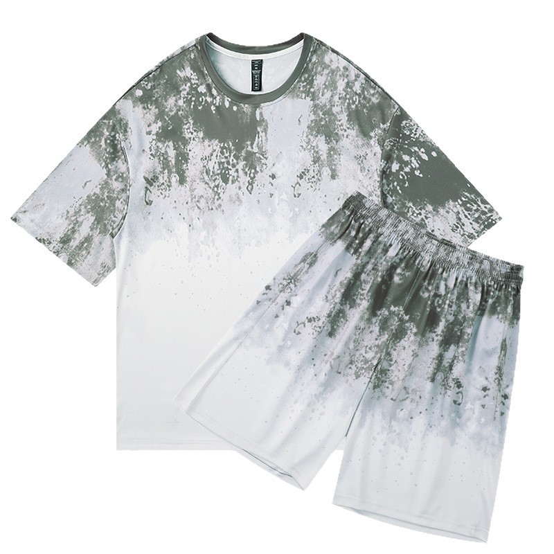 Transfronterizo americano tie-dying casual set hombre verano suelto hielo camiseta de cuello redondo de manga corta rápida secado pantalones cortos deportivos de moda