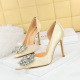 3165-K11 Banquet High Heel Shoes Side Hollow Thin Heel Shallow Notched Satin Rhinestone Women's Shoes High Heel Single Shoe