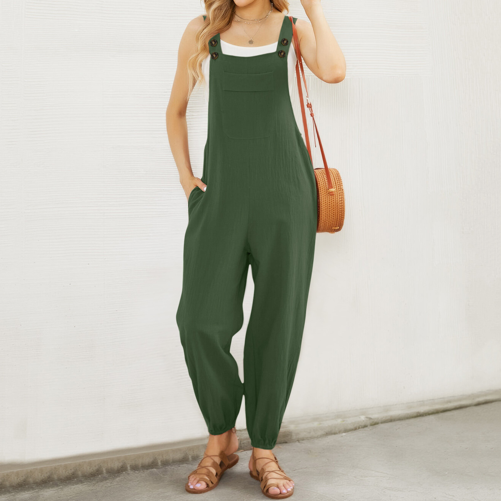 Pantalones de tirantes de bolsillo de la cintura del color sólido del mono de las mujeres europeas y americanas del algodón y del lino