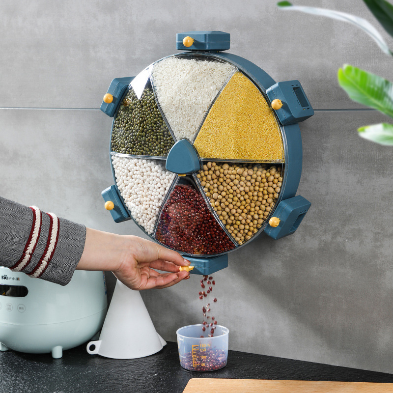 壁挂式五谷杂粮收纳盒分格谷物储物罐大容量旋转家用厨房分隔米桶|ms
