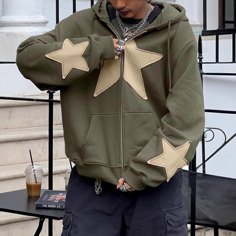 2025 American Retro Five-Pointed Star Patchwork Hooded Sweatshirt for Men 3D Loose Casual Men's Hoodie Trendy Top 2025 American Retro Five-Pointed Star Patchwork Hooded Sweatshirt for Men 3D Loose Casual Men's Hoodie Trendy Top