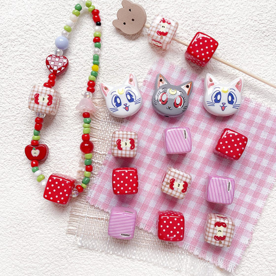 Cat Double-Sided Apple Red Polka Dot Acrylic Square DIY Handmade Mobile Phone Chain through Hole Beads Loose Bead Accessories