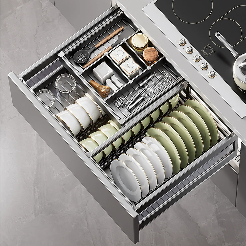 Kitchen multi-layer household multi-function cabinets, double-layer aluminum alloy bowls, dish, pots and utensils storage basket, drawer-type special pull basket