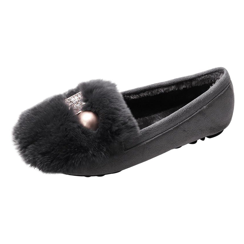 Zapatos de felpa de las mujeres ropa de invierno zapatos de guisantes forrados de lana caliente deslizamiento-En hebilla de diamante de metal piel de conejo Rex más tamaño zapatos de algodón de fondo suave image 1