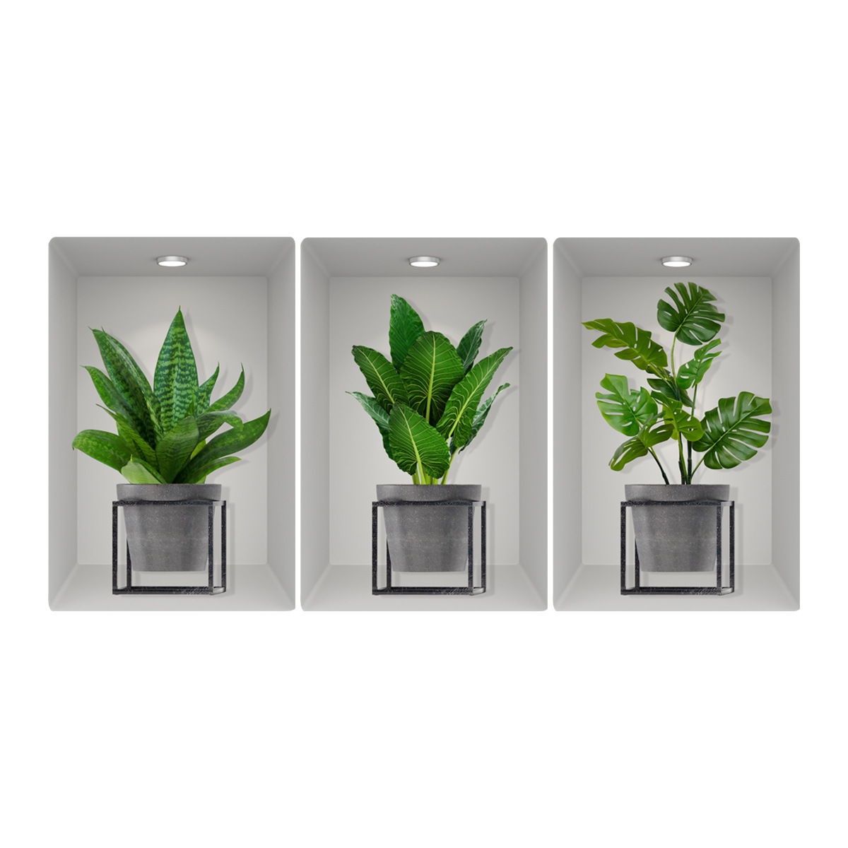 ATW2018 Adesivo de Parede Tríptico 3D com Moldura de Vaso de Plantas para Sala de Estar, Quarto, Entrada, Escada e Casa_voghion.com