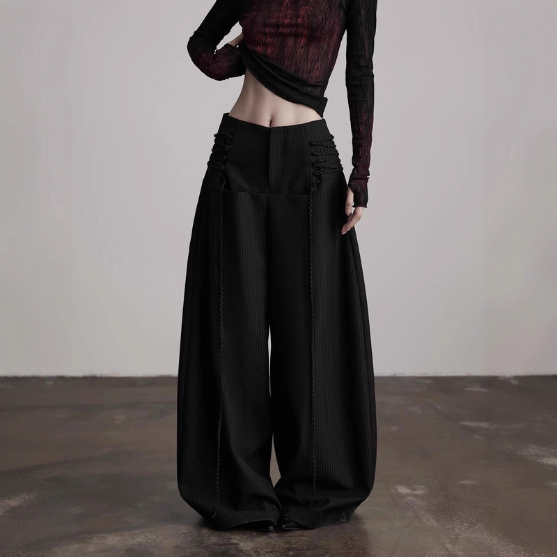 Zero Point Form · Suit Fabric Side Silhouette Lace-Up Scimitar Wide-Leg Casual Black Pants for Women