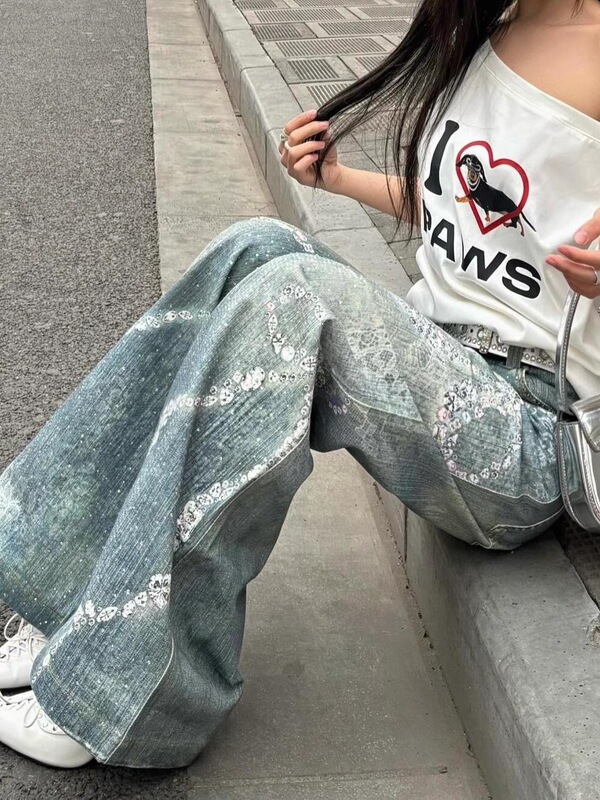 美式街头大码水洗复古满钻印花设计牛仔裤女宽松直筒显瘦阔腿长裤|undefined