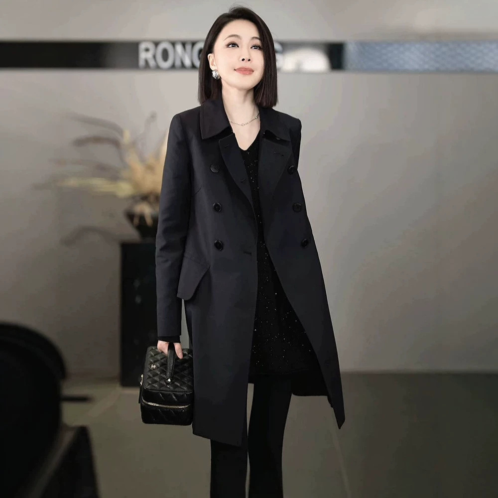 3085 Plus Size Women's Fashion: Collared, Waist-Cinching, Hepburn-Style Double-Breasted Trench Coat, Mid-Length, Belly-Covering Coat for Plus Size Women, Autumn