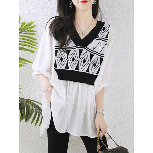Summer Fat mm 300 Pounds Plus Size False Two-Piece Chiffon Splicing V-Neck Knit Loose Top Women's Shirt