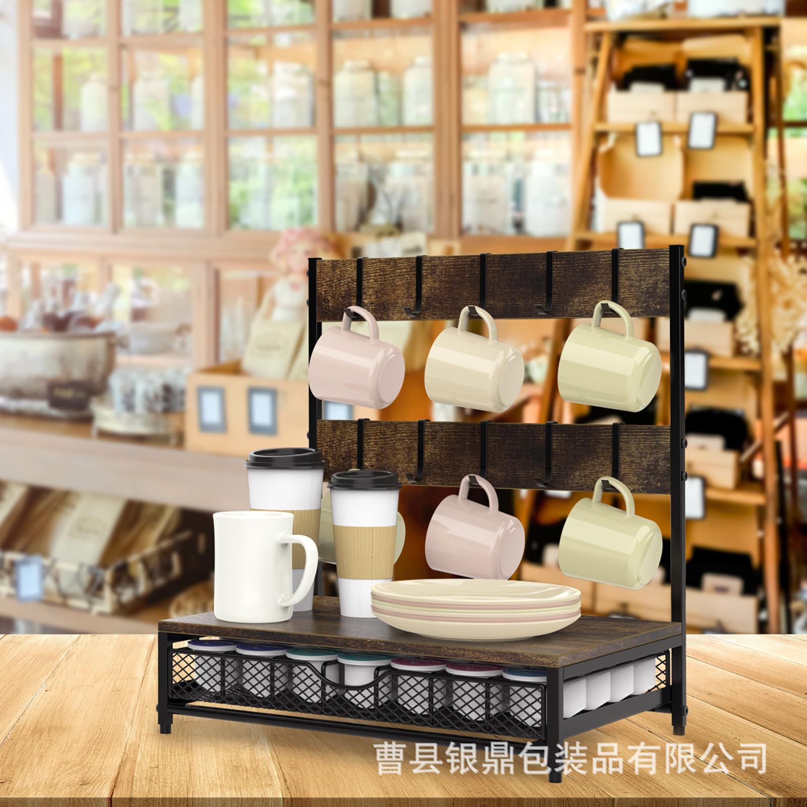 철 및 목재 복합 스토리지 랙 데스크탑 워터 컵 마무리 행거 커피 포트 스토리지 랙 초안 커피 캡슐 스토리지 박스