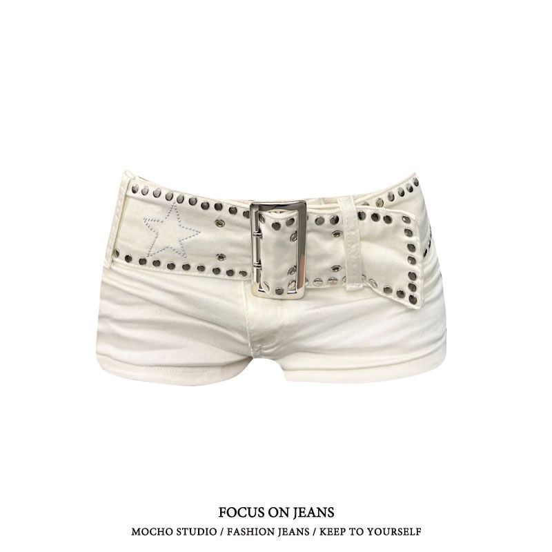 American Style Millennium Hot Girl Style plus size Design Sense Rivet Belt Denim Shorts Women's Low Waist Hip Slimming Hot Pants