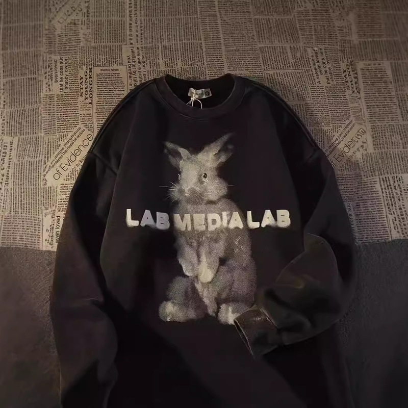 American Style Retro Fuzzy Rabbit fleece-lined Sweatshirt Men's Autumn and Winter Loose All-match Lazy Fashion Brand Couple's Long-sleeved Top