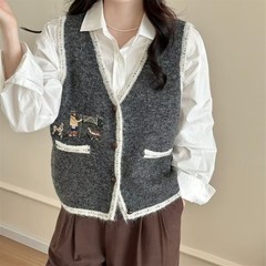 设计感刺绣撞色无袖针织开衫马甲女2025春秋季宽松外搭毛衣背心女
