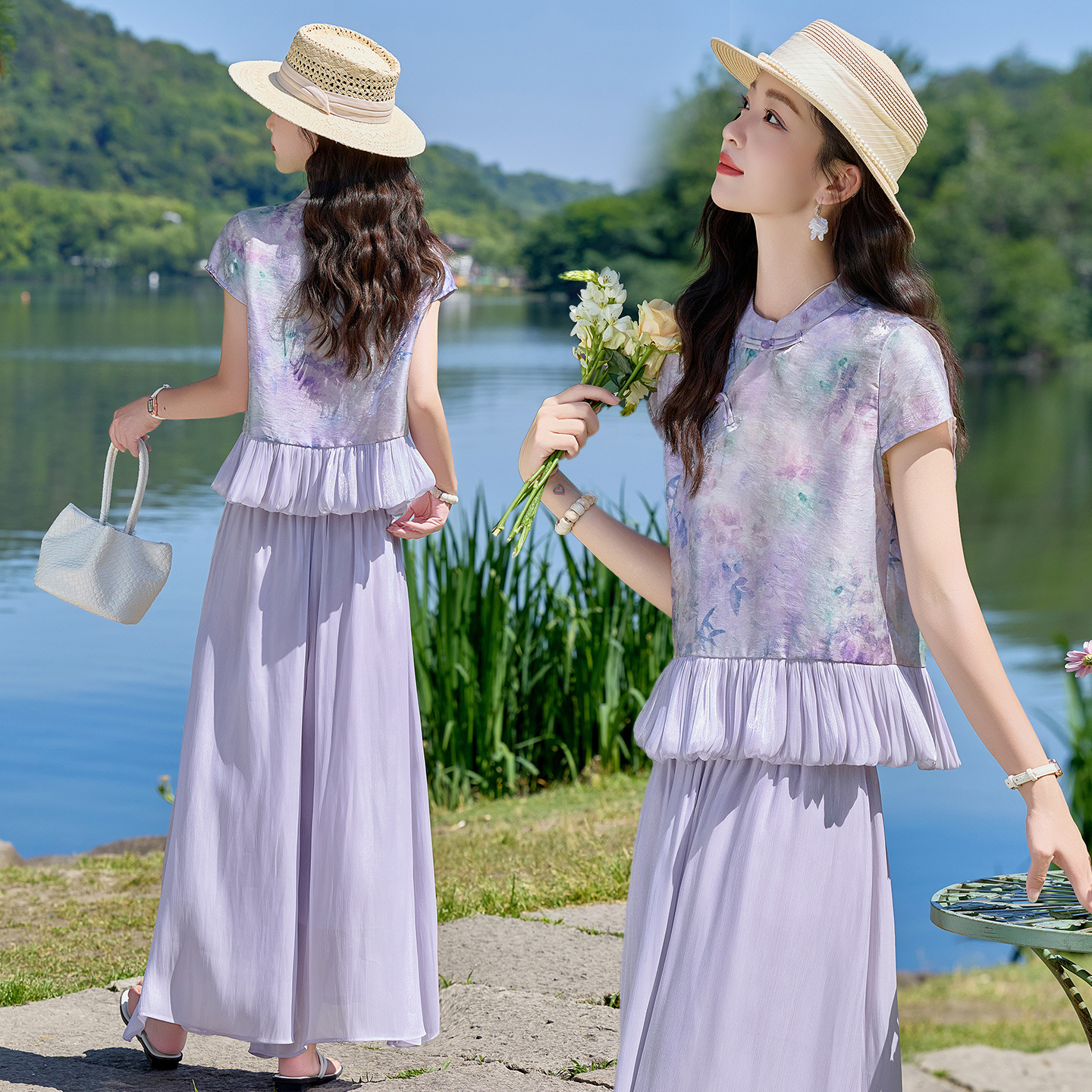 Set áo sơ mi phối quần ống rộng nữ thắt eo 2026 — màu tím
