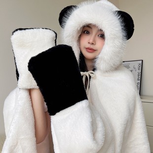 2024 New Imitation Rabbit Hair Bear Shawl Hooded Autumn and Winter Thickened Warm Blanket Nap Blanket Cloak Women
