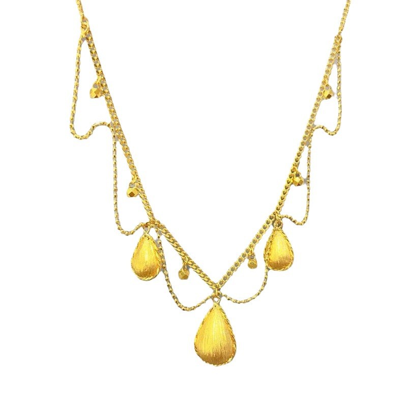 Gold Silk Lace Water Drop Necklace Women's Retro Brushed Craft Beads Silk Tassel Clavicle Chain_voghion.com