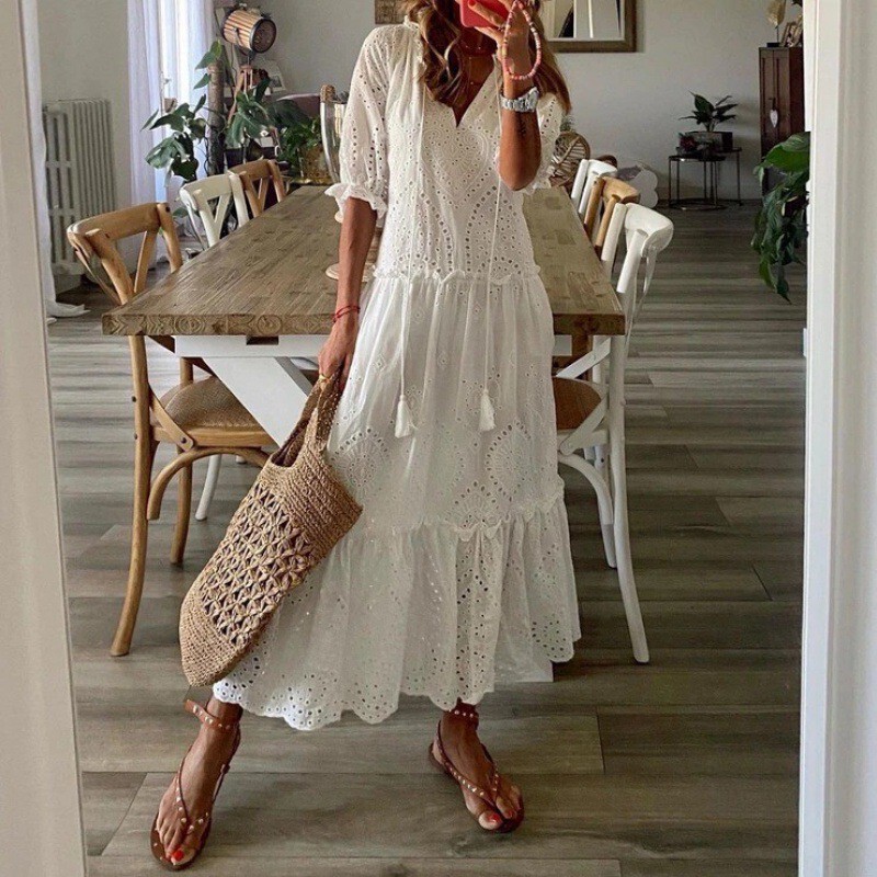 European and American Cross-Border 2025 Casual Sweet V Neck Jacquard Suspender Short-Sleeved Mid-Length Dress for Women