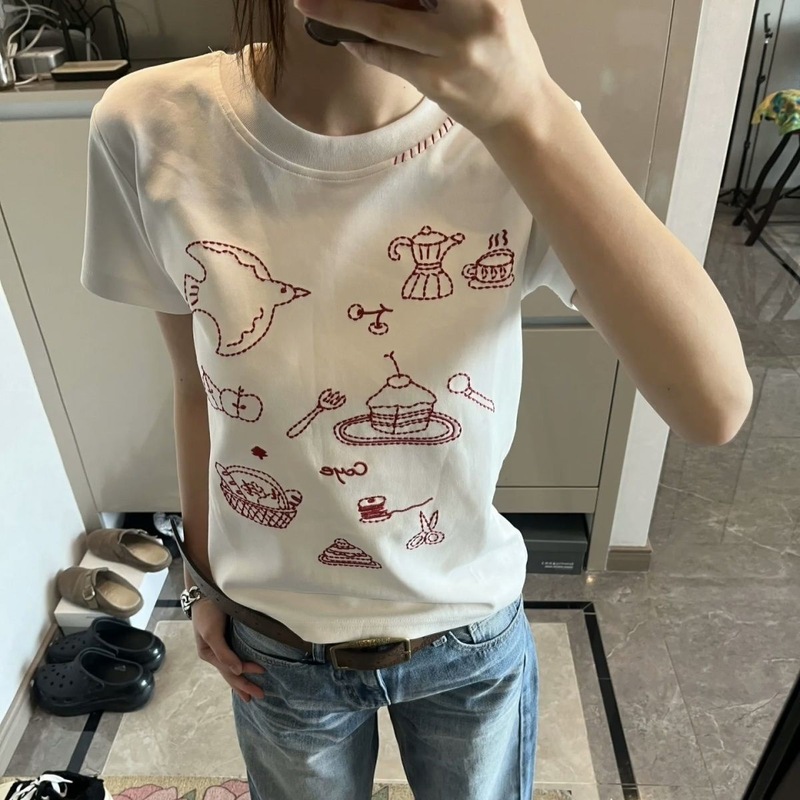 刺繍漫画文字半袖 Tシャツレディースルーズトップ 2025 ファッション新しいスタイル多用途イントレンド|undefined
