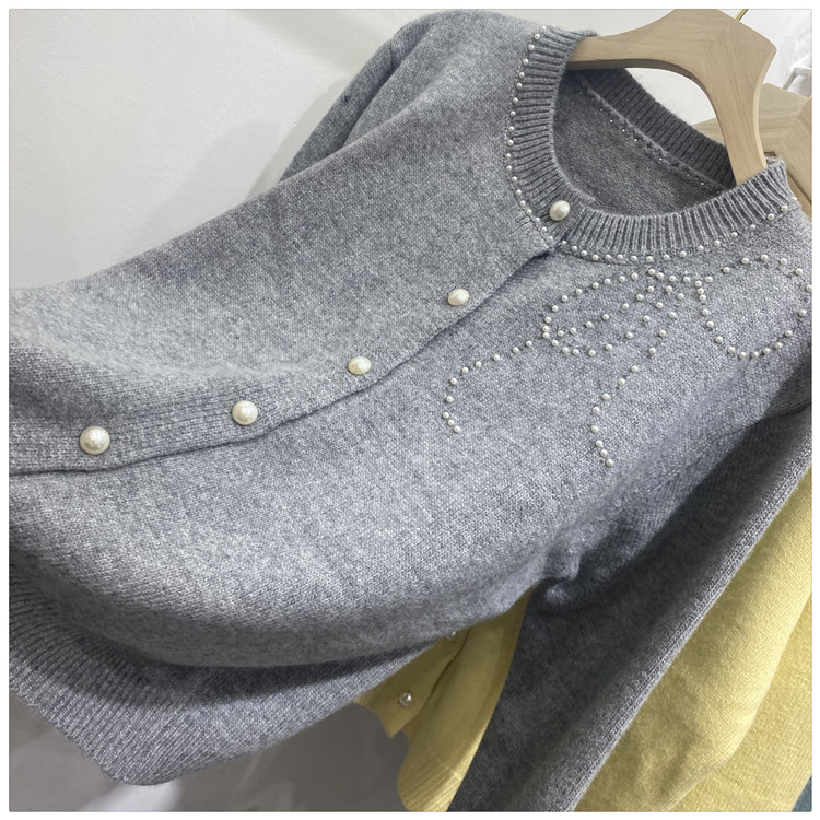 Women's Clothing Chic Embellished Bow Knit Cardigan For Women - Autumn Casual Long Sleeve Open Front Sweater (Blue, Yellow, Gray, Beige, Pink)​_voghion.com