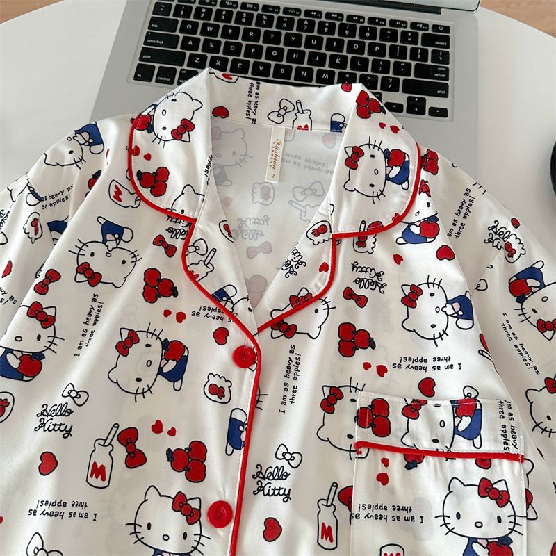 Venta al por mayor transfronteriza lindo hellokitty pijamas de satén elástico de cuatro lados pantalones cortos de manga corta de verano para mujer ropa fina para el hogar de dibujos animados
