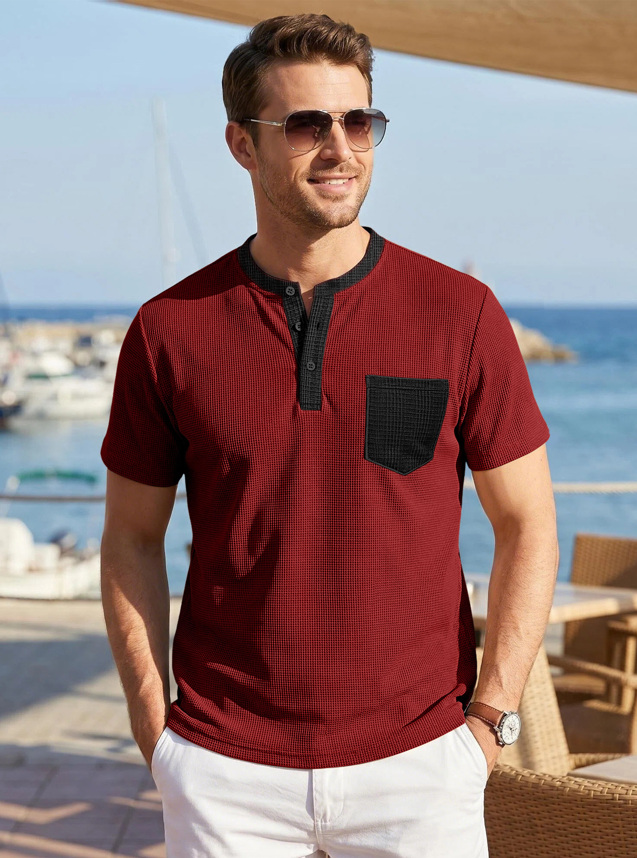 Cross-border Hyun hombre Waffle Henry cuello camiseta bolsillo de contraste Casual blusa larga de comercio exterior mangas cortas