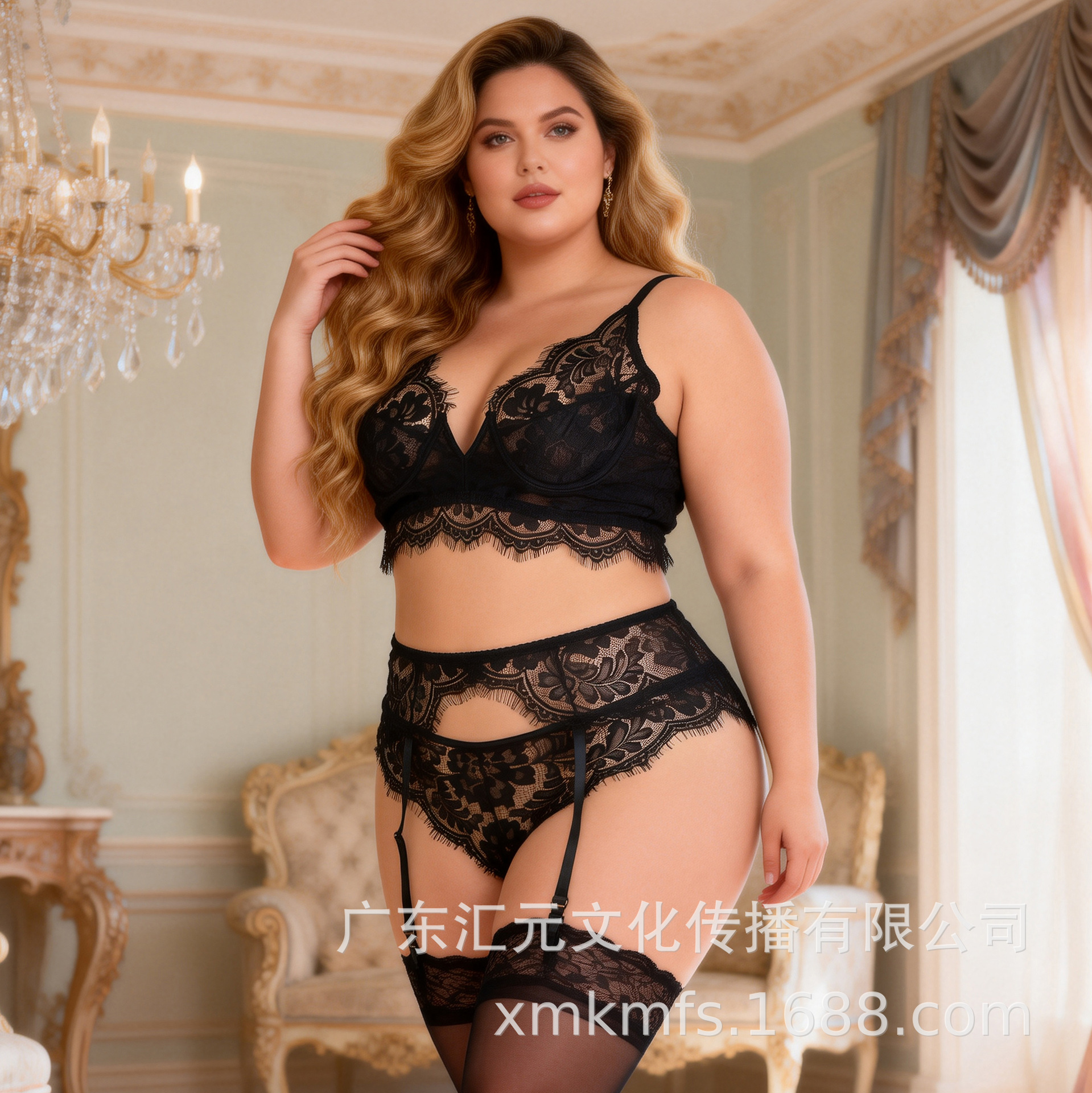 Europa y América más tamaño gordito chica sexy Liga negro sexy malla patrón de encaje ropa interior traje Amazon al por mayor