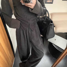 毛呢加厚复古格子裤女秋冬新款慵懒风高腰垂感宽松休闲阔腿拖地裤