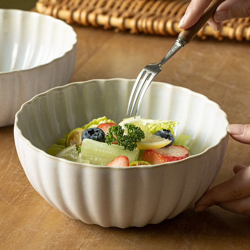 Tazón retro de cerámica con borde de pétalo, tazón de verduras para el hogar, tazón de ensalada de frutas, tazón de sopa de gran capacidad de estilo europeo, tazón de fideos, vajilla al por mayor