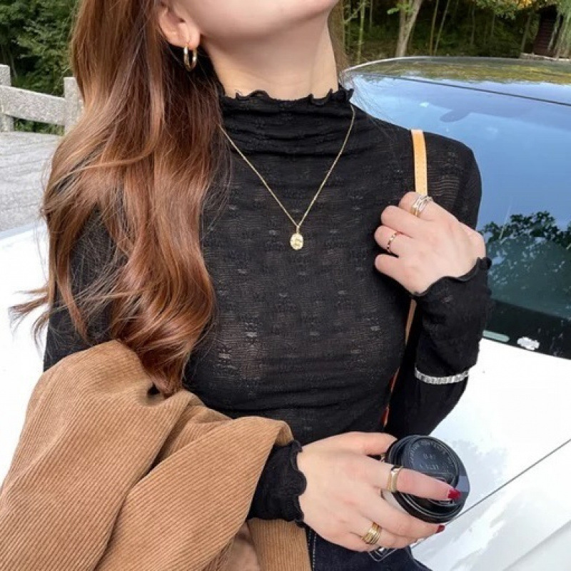 蕾丝打底衫女半高领2025新款春秋薄款内搭长袖早秋上衣木耳边小衫|undefined