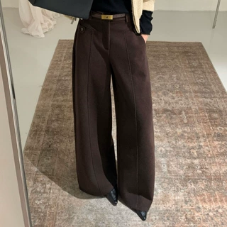 冬款厚料TOP欧制广州十三行斜线显瘦羊毛裤阔腿休闲裤配腰带20290