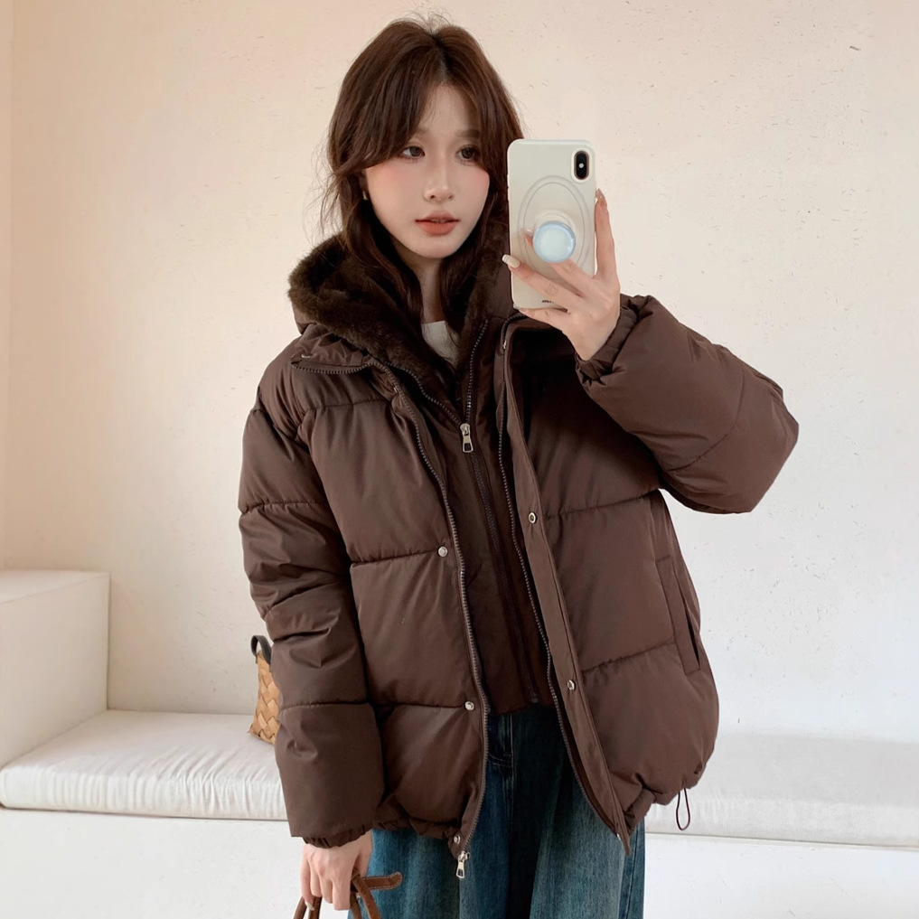 Falso de dos piezas de algodón empalmado de lana mujer 2025 invierno nuevo estilo coreano suelto chaqueta de plumón gruesa chaqueta de pan caliente