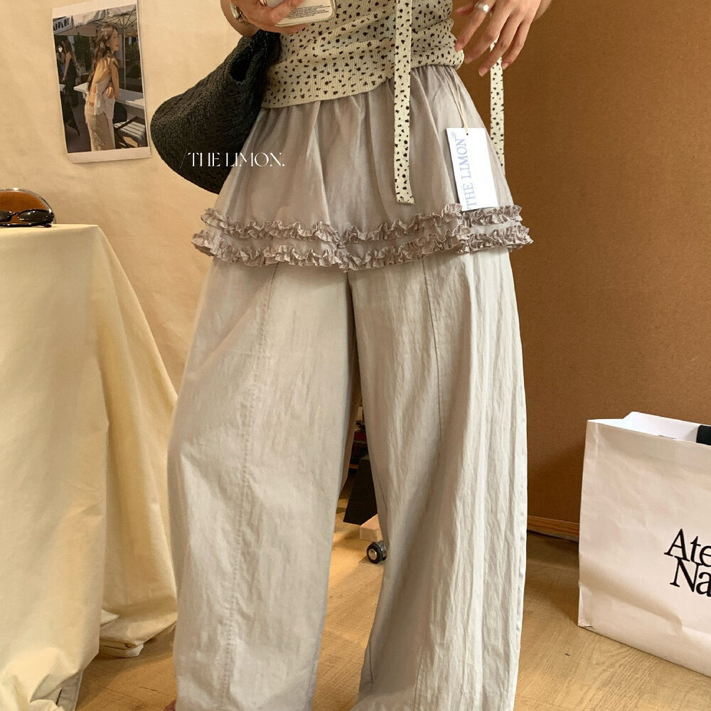 Quần culottes nữ ống rộng cạp cao phong cách Hàn Quốc, thiết kế giả hai lớp viền bèo nhún — màu trắng, màu xám, màu kaki