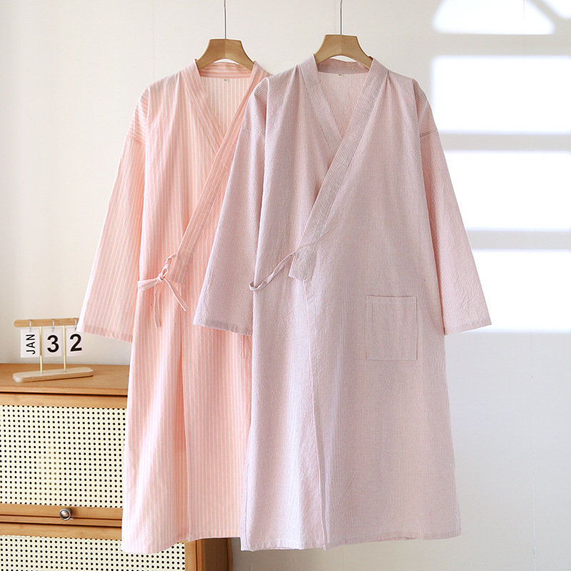 모든 면 일본 줄무늬 기모노 나이트가운 목욕 가운 여성의 봄과 가을 여름 순수 코튼 거즈 더블 레이어 얇은 홈 옷 목욕 가운
