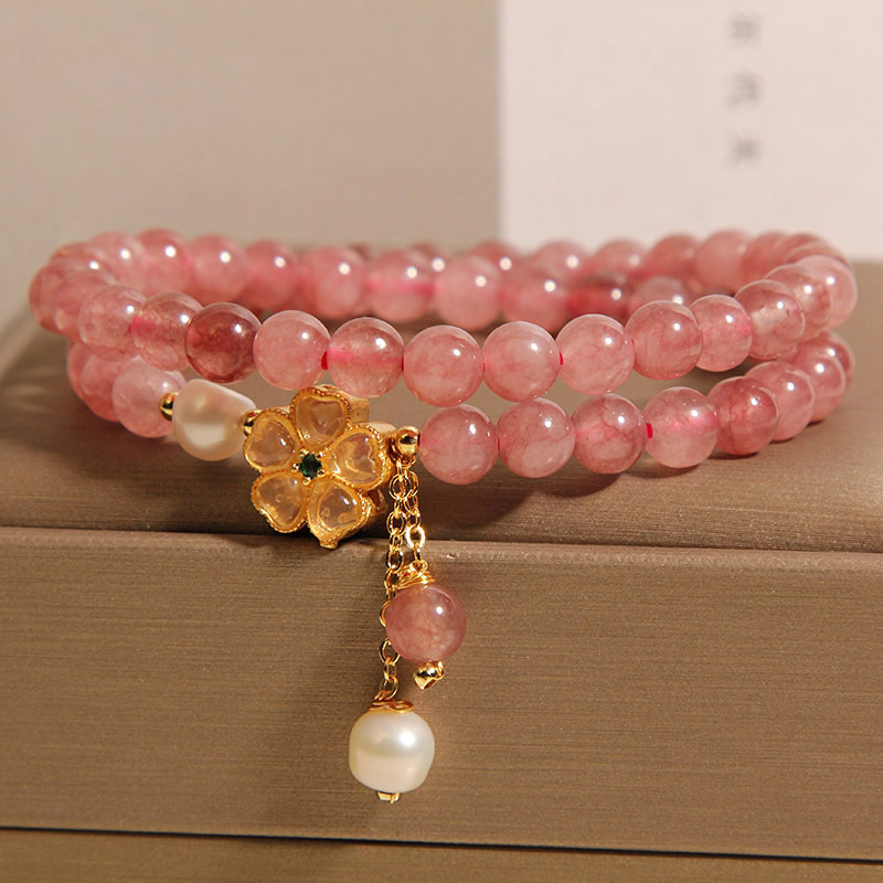 Pulsera de doble círculo de cristal de fresa natural para mujer, lujo ligero, nicho, sentido exquisito y de alta gama, pulsera de trébol de cuatro hojas, joyería de pulsera