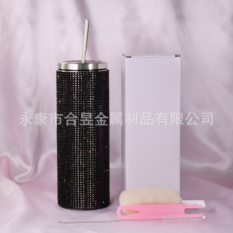 20oz Comercio exterior moda nuevo diamante paja 304 Acero inoxidable recta taza de vacío completo diamante taza de café
