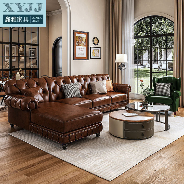 American Retro Oil Wax Leather Sofa Three or Four Seats Straight Row Mid-Century Style Brown Sofa Living Room Villa Furniture